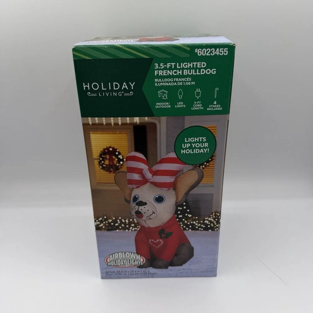 Holiday Living 3.5 Ft French Bulldog‎ LED Christmas Inflatable Yard Decor Bow